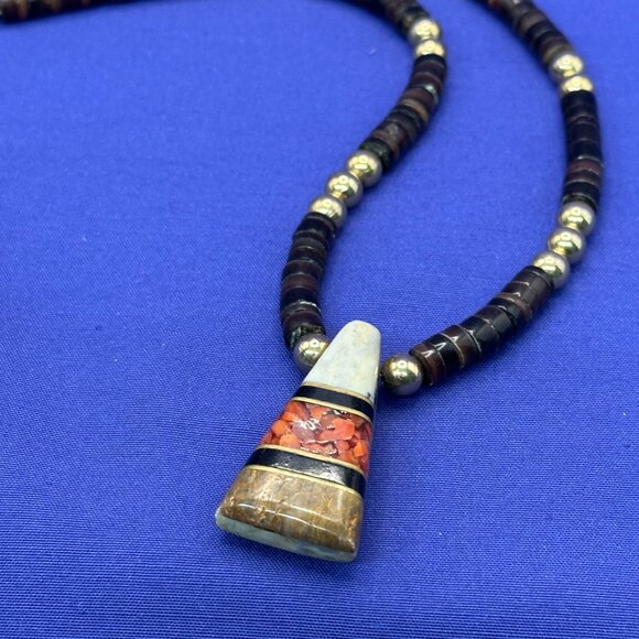 VTG Native American Intarsia Inlay Heishi Pendant Necklace - Picture 5 of 13